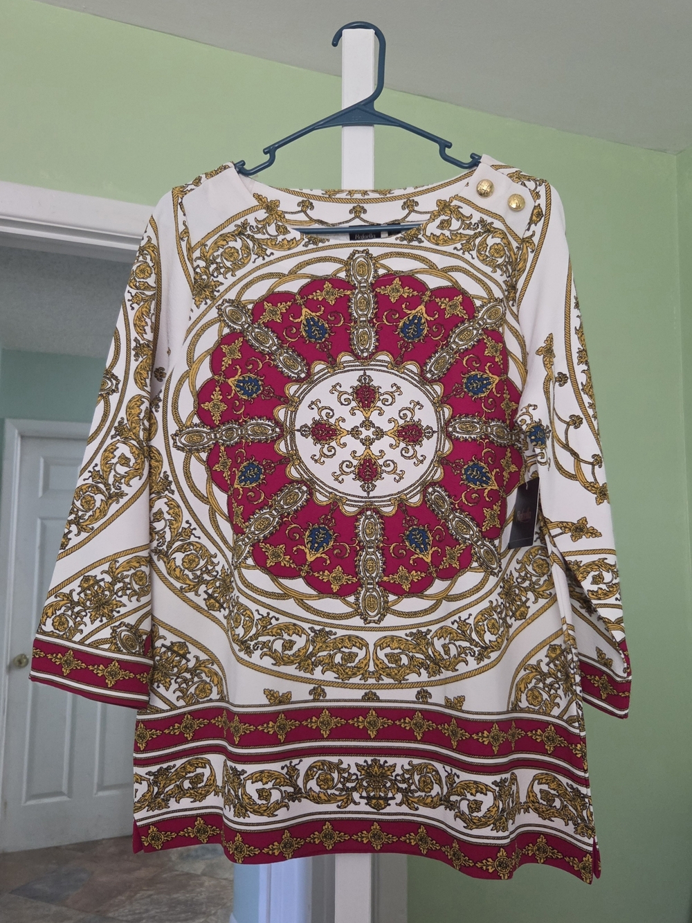 Rafaella White Tunic with Red and Gold Baroque Medallion Print